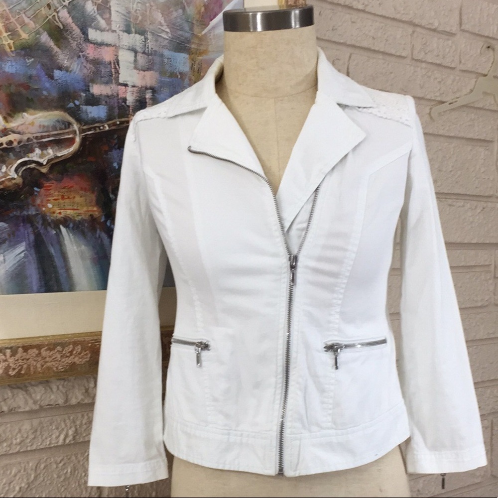 Chico’s Asymmetrical Zip Crochet Lace Trim Jacket